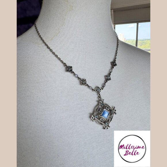Blue and Silver Jeweled Pendant Necklace w/ Earrings - Picture 7 of 8
